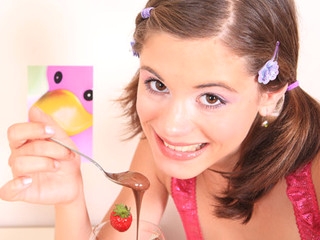 Very tiny girl Caprice receives overspread with chocolate and touches her miniature snatch